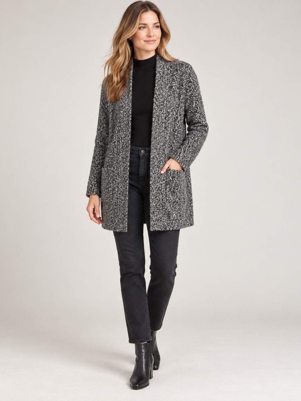 Reitmans Grey Bouclé Open Front Long Cardigan Pockets XS